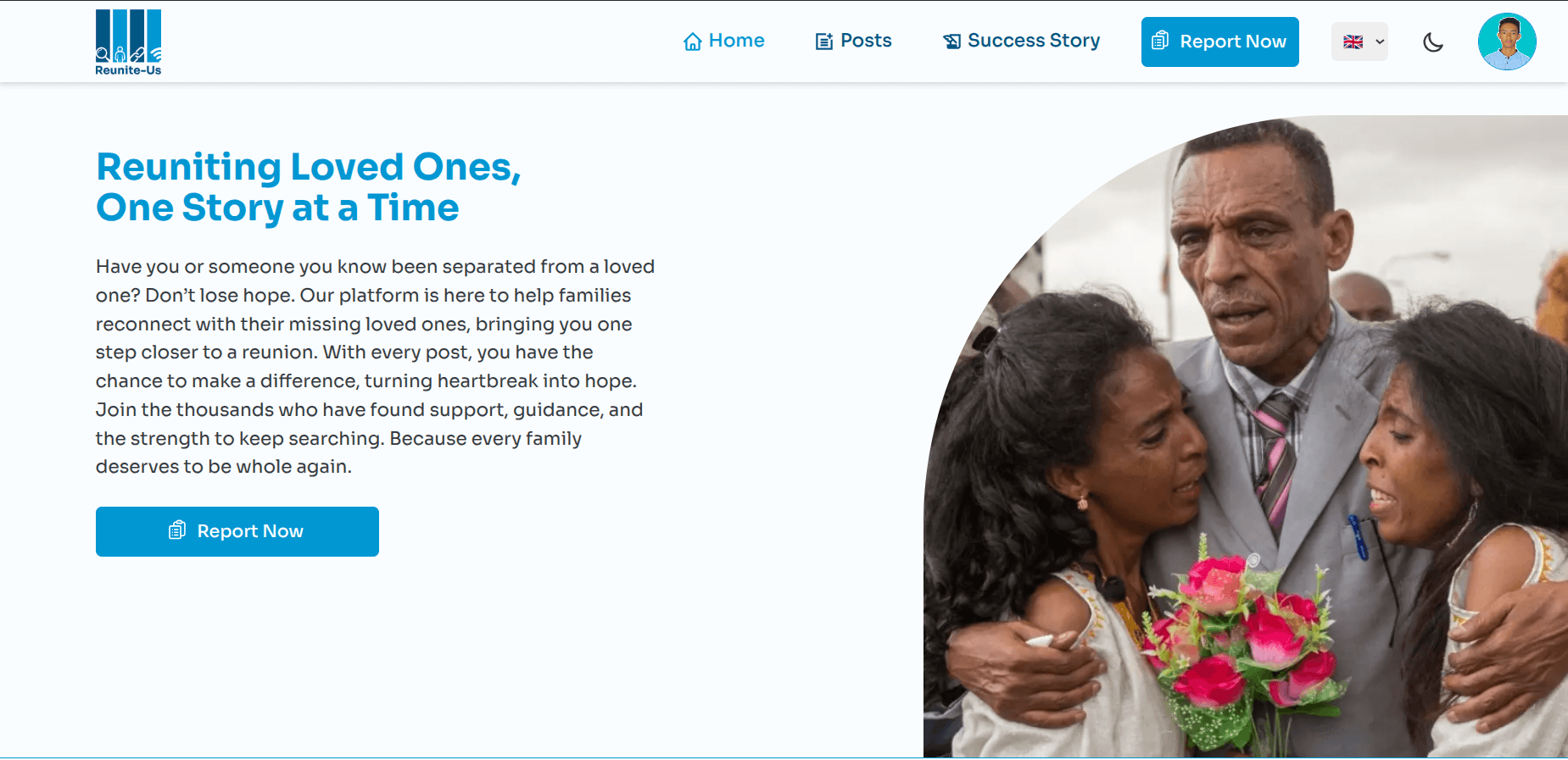 Screenshot of Reunite Us (Frontend Internship) project